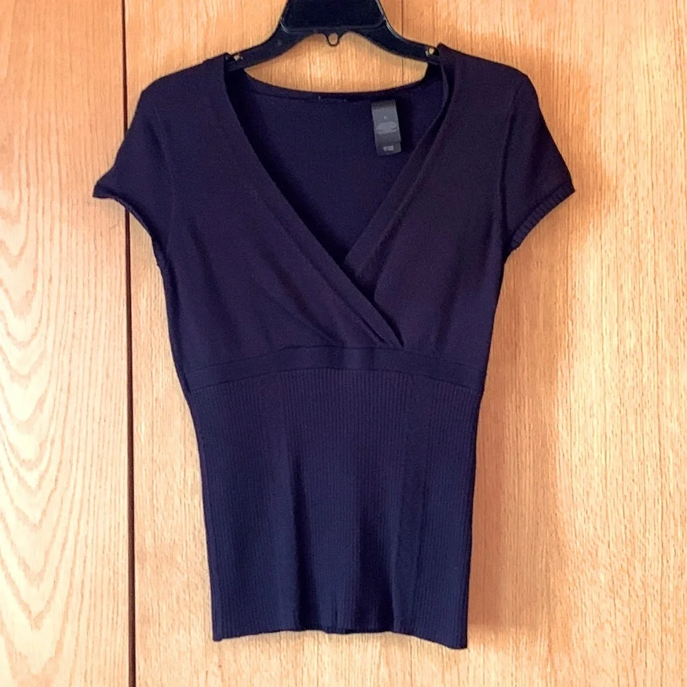 Axcess crossover v neck fitted slim ribbed thin knit black rayon nylon sweater